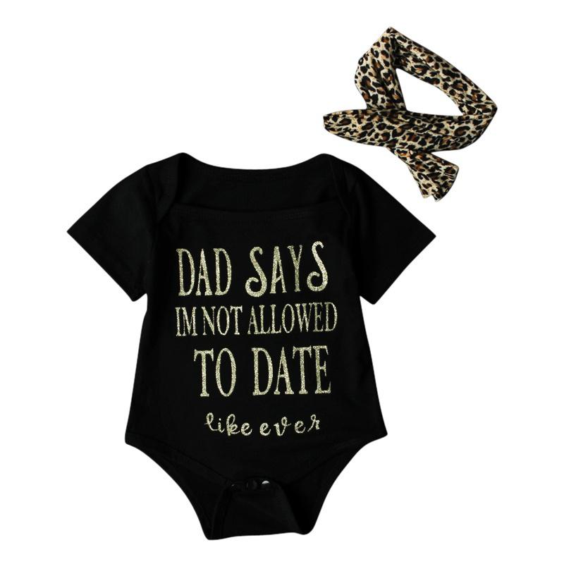 Newborn Girls Golden Letter Printed Romper with Leopard Headband