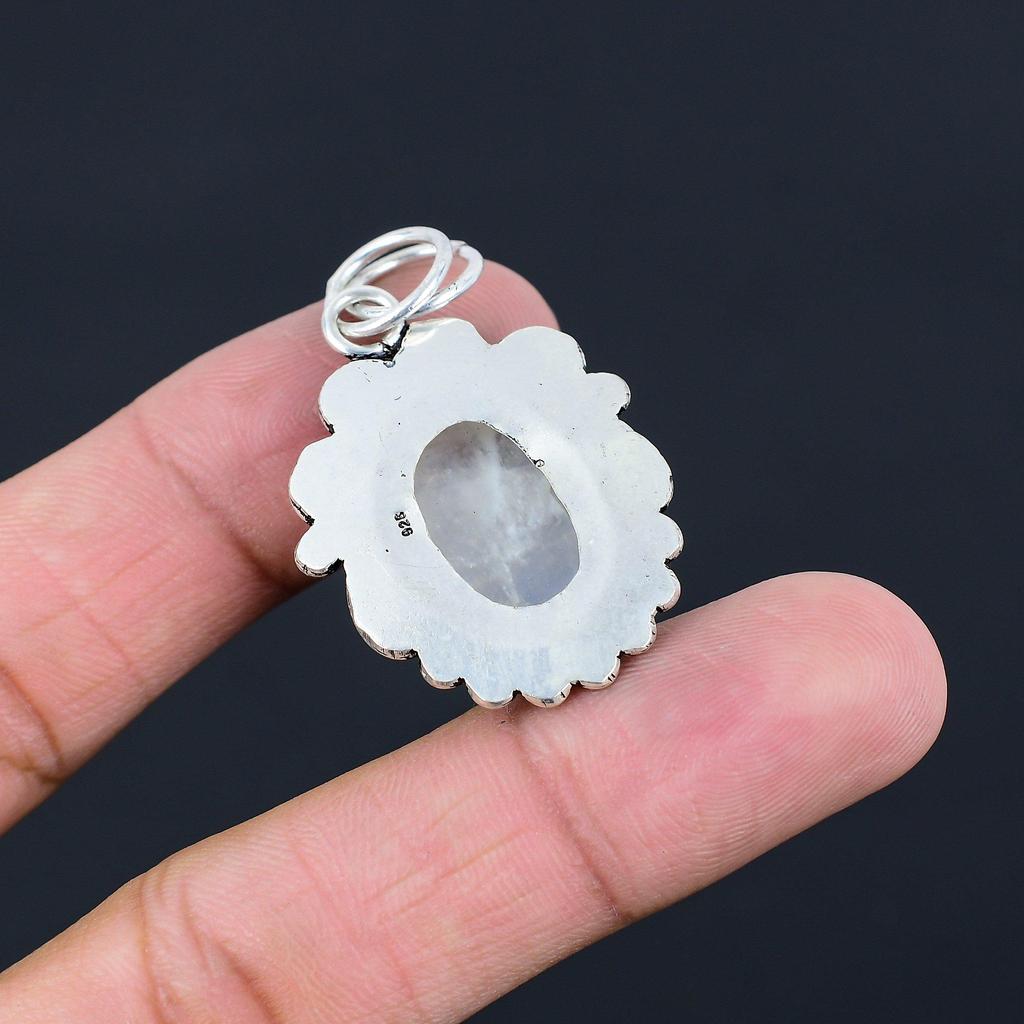 Sterling Silver Natural Rainbow Moonstone Wedding Engagement Handcrafted Pendant
