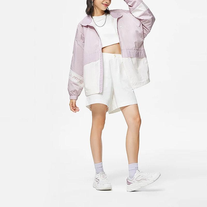 Li-Ning Color Block Stand Collar Loose Sports Jacket Women Jacket Silk-Purple Cream-White AFDT880-2