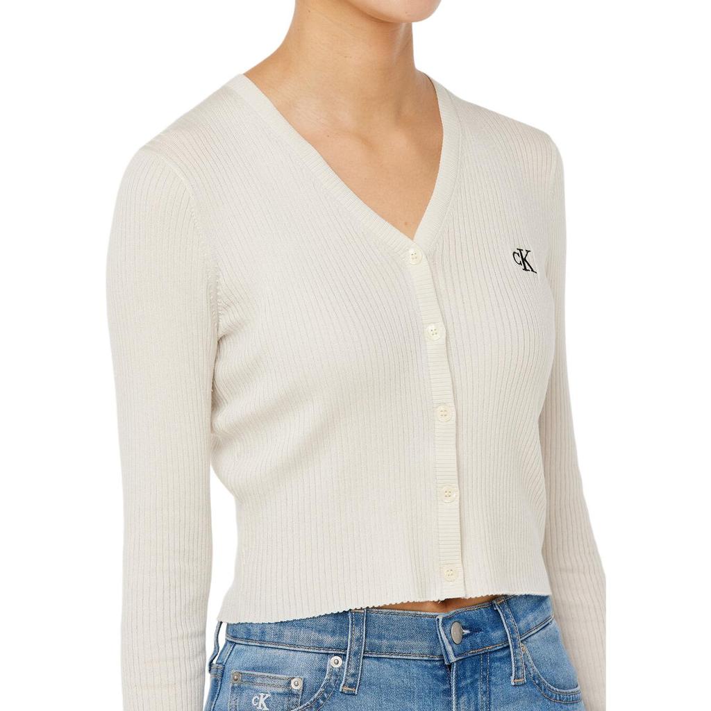 Calvin Klein Jean Jacquard Lettre Col en V Manches Longues Tricot Top Femme tops Blanc cassé J224287
