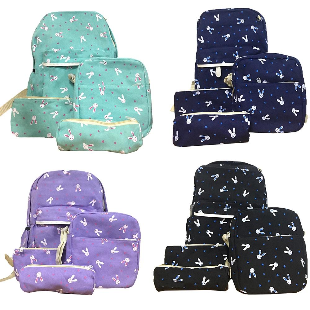 Trendy 4pcs Girls Backpack Set Featuring Durable Canvas Material And Adorable Rabbit Pattern