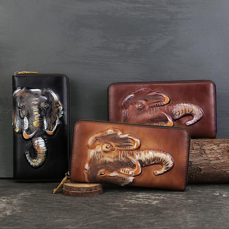 Portfel damski z prawdziwej skóry, Długa torebka kopertówka, Portfel retro ze skóry bydlęcej, Ekskluzywne etui na telefon komórkowy