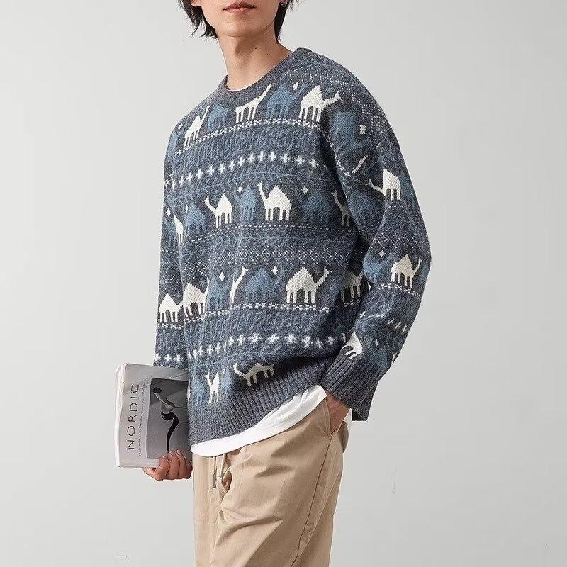 Men's Sweater2024Autumn and Winter New Cartoon Trendy round Neck Jacquard Pullover Knitting Outer Wear Underwear Sweater Men