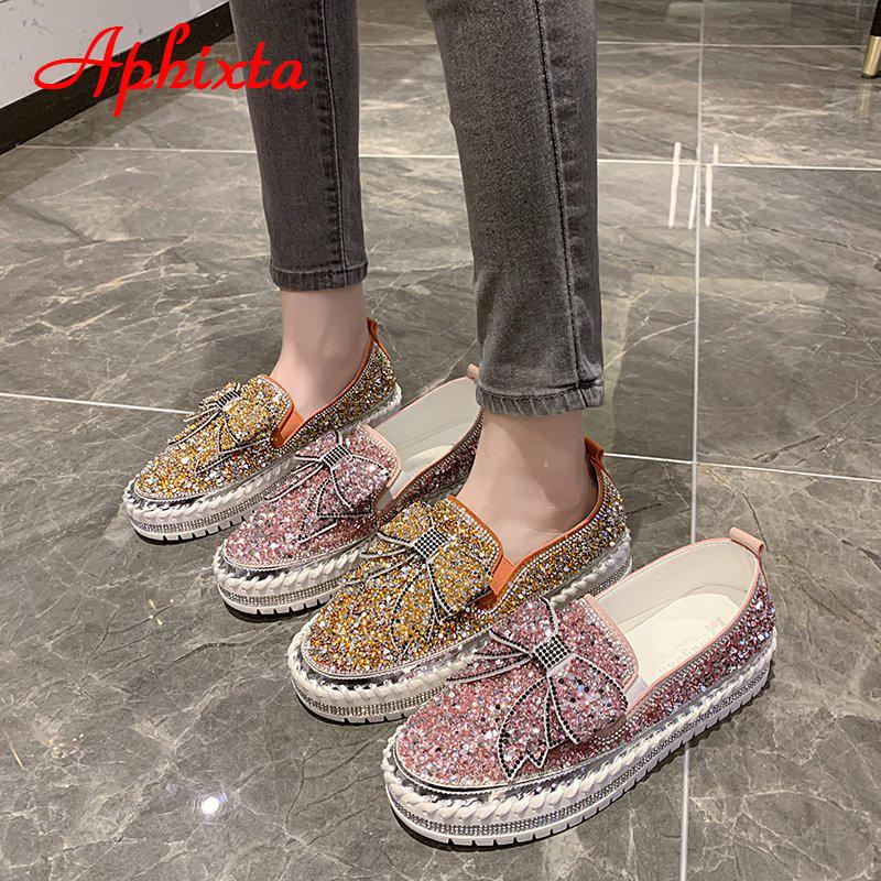 Fashion Aphixta Fashion Big Size 42 43 Flats Women Leather Loafers Flat Platform Wine Red Shoes Crystal Sequined Bow Casual Shoes
