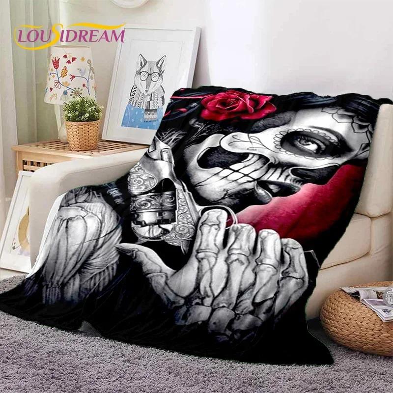 Skull Dead Girl 3D Gothic Horror Female Rose Soft Flannel Blanket,Throw Blanket Comfortable Blanket for Picnic Beds Home Bedroom