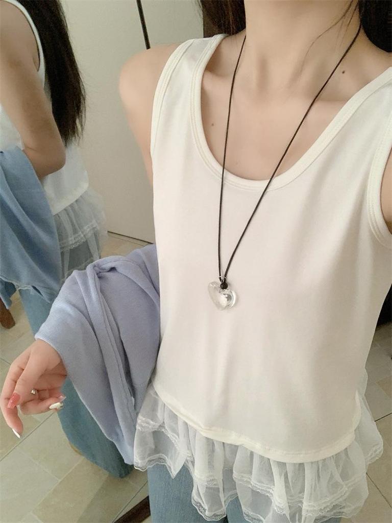 Double-Layer Lace Mesh Sleeveless Cotton Vest