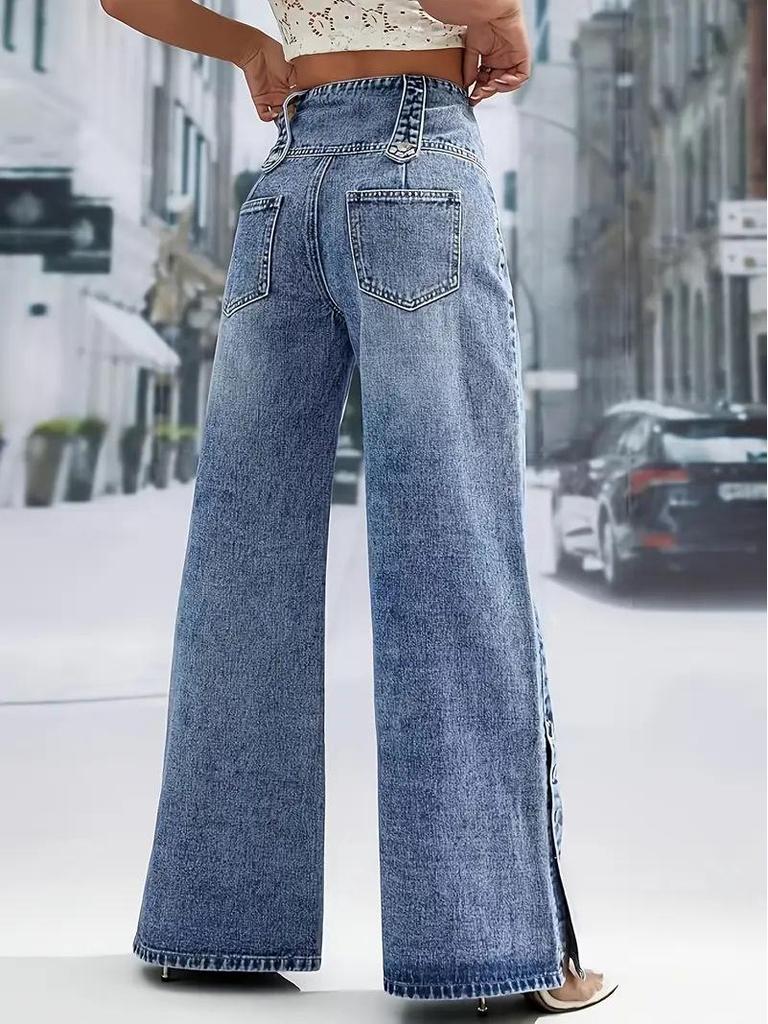 2026 Spring/Summer High-Waisted Retro Wide-Leg Denim Jeans with Multi-Buttons for Women