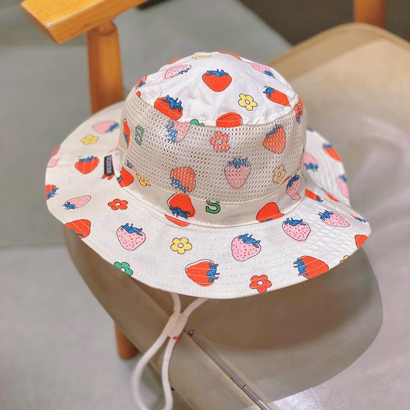 6-8Y Kids Summer Mesh Breathable Fisherman Hat Sweet Floral Strawberry Print Children Girls Sunshade Panama Cap Wide Brim Sunscreen Bucket Hats