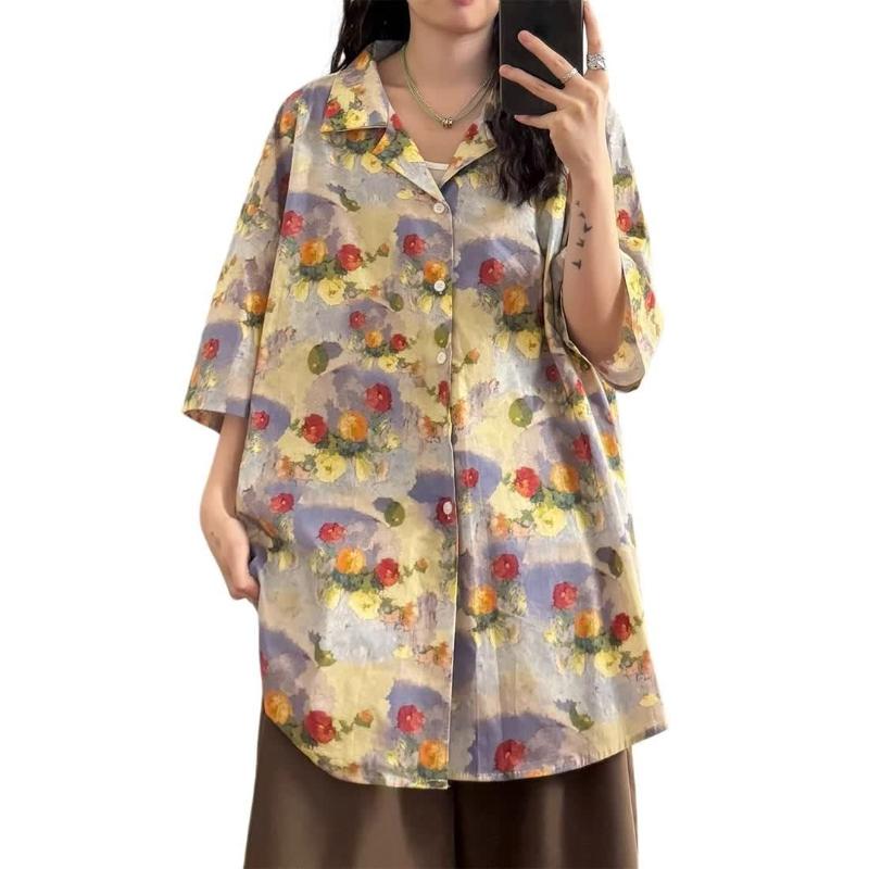 Floral Printed Colorful Female's Suit Collar Shirt Summer Loose Casual Short Sleeved Shirts Vacation Style Chic Blouses