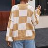 Women's Crew Neck Long Sleeve Knit Top Loose Fit Lazy Casual Sweater Color Block Plaid Pullover Knitwear