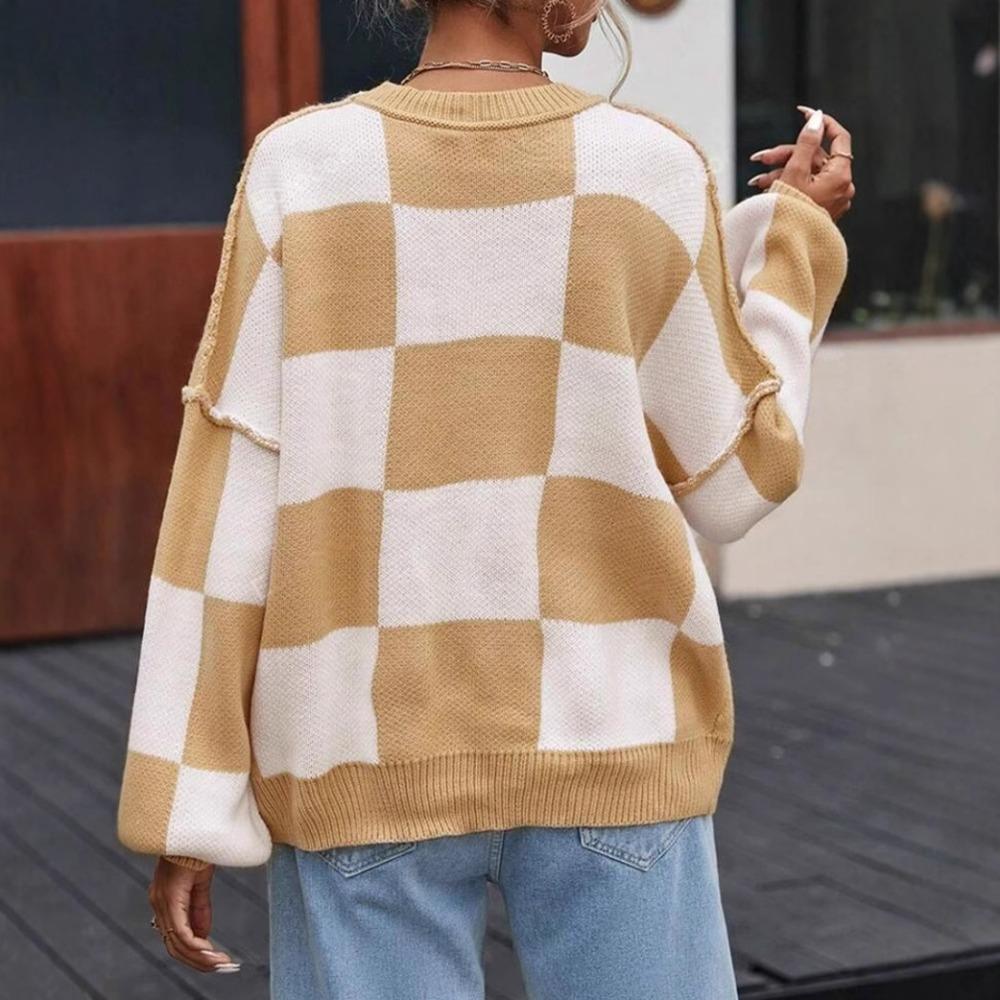 Women's Crew Neck Long Sleeve Knit Top Loose Fit Lazy Casual Sweater Color Block Plaid Pullover Knitwear