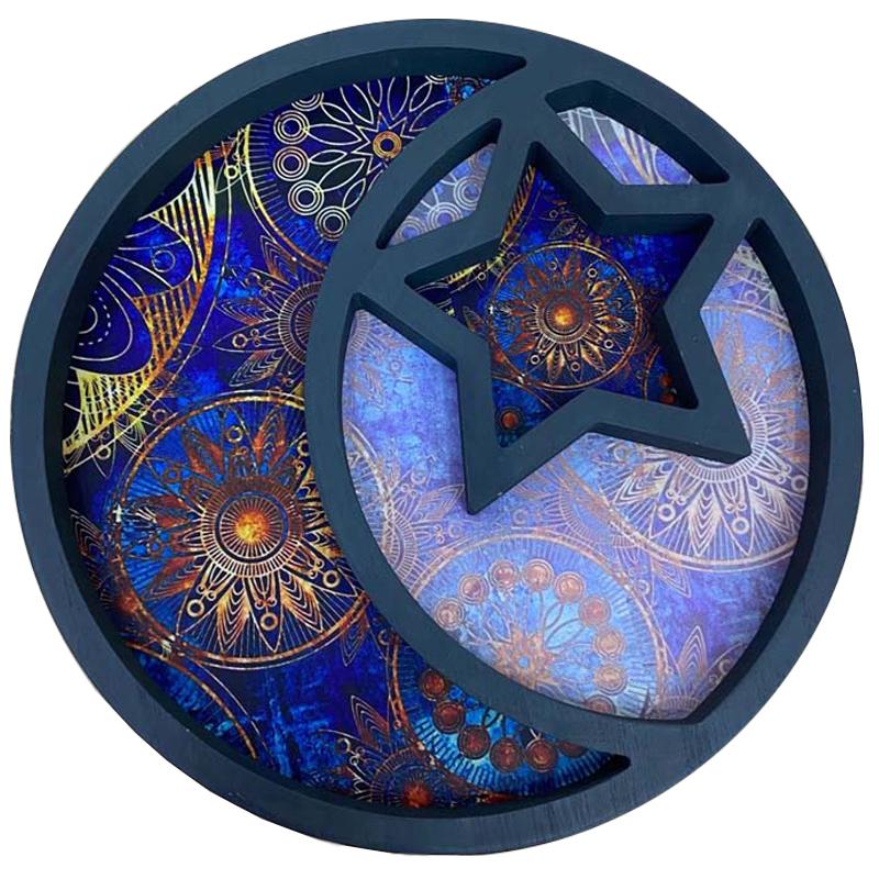 Ramadan Moon Star Serving Tray - Eid Cupcake Candy Plates Mubarak Religious Painting for Family Party Wooden Decorations