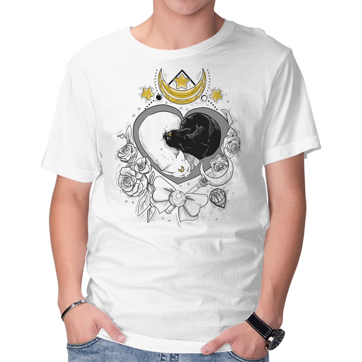 Unisex Crew Neck T-Shirt The Moon Cats Graphic Short Sleeve Casual Tee XXXL