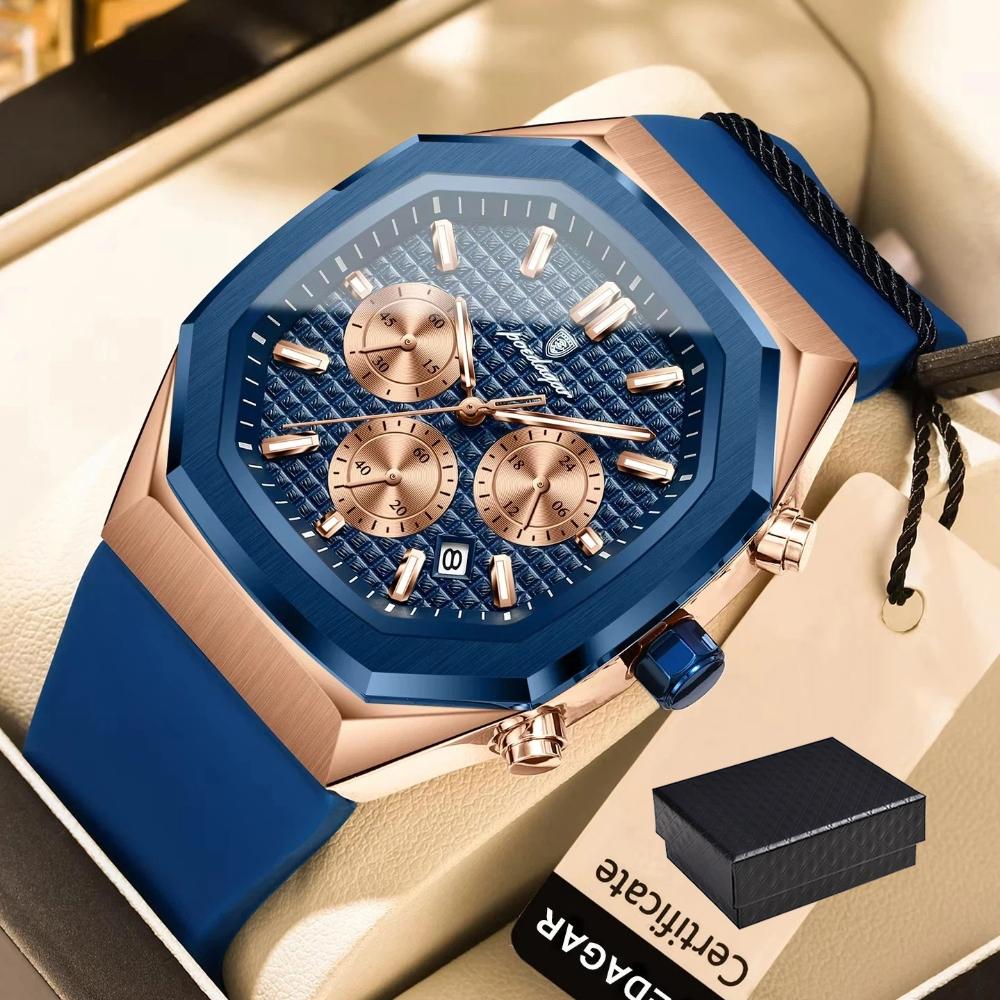 POEDAGAR Functional Watch for Men Date Chronograph Luminous Waterproof Silicone Classic Male Watch Quartz Original Watches