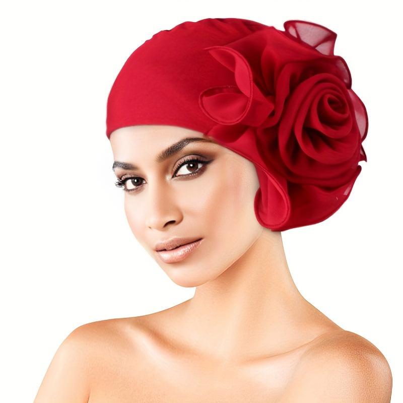 1Pc Head Cap Muslim Head Wraps Women Hair Accessories Solid Color Fashion Turban Hat Elastic Cloth Big Flower