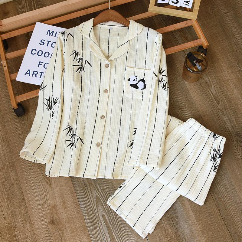 

Весна и осень Новый женский пижамный комплект 100% хлопок креп свежий сладкий длинный рукав брюки из двух частей домашний костюм XL