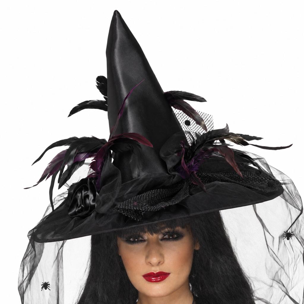 Klassischer Hexenhut Satin Feder Schleier Spitze Kappe Ästhetisch Netz Rosette Kopfschmuck Festliche Halloween Party Deko Ornament