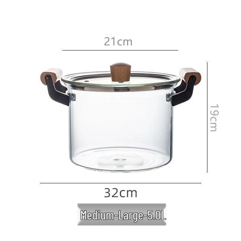 

Стеклянная кастрюля с двумя ручками и деревянной ручкой - Совместима с открытым огнем, индукционными плитами, газовыми пароварками - Идеально подходит для супов и рагу