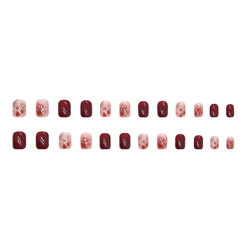 24 Pcs Atmospheric Manicure Rose Red Gold Foil Smudged Fake Nails Ice Transparent Jujube Red Wearing Nail