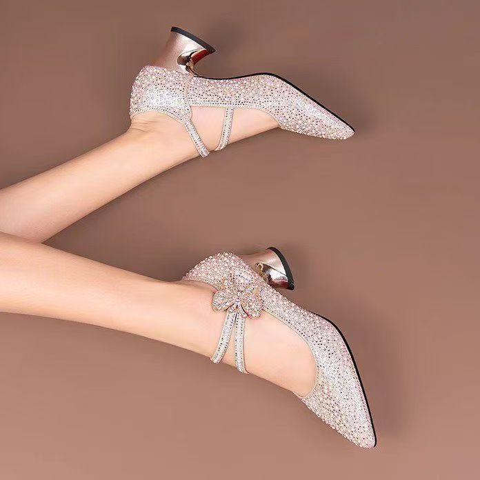 Women's Chunky Heel Pearl Bow Rhinestone Wedding Shoes - 2025 Spring Collection