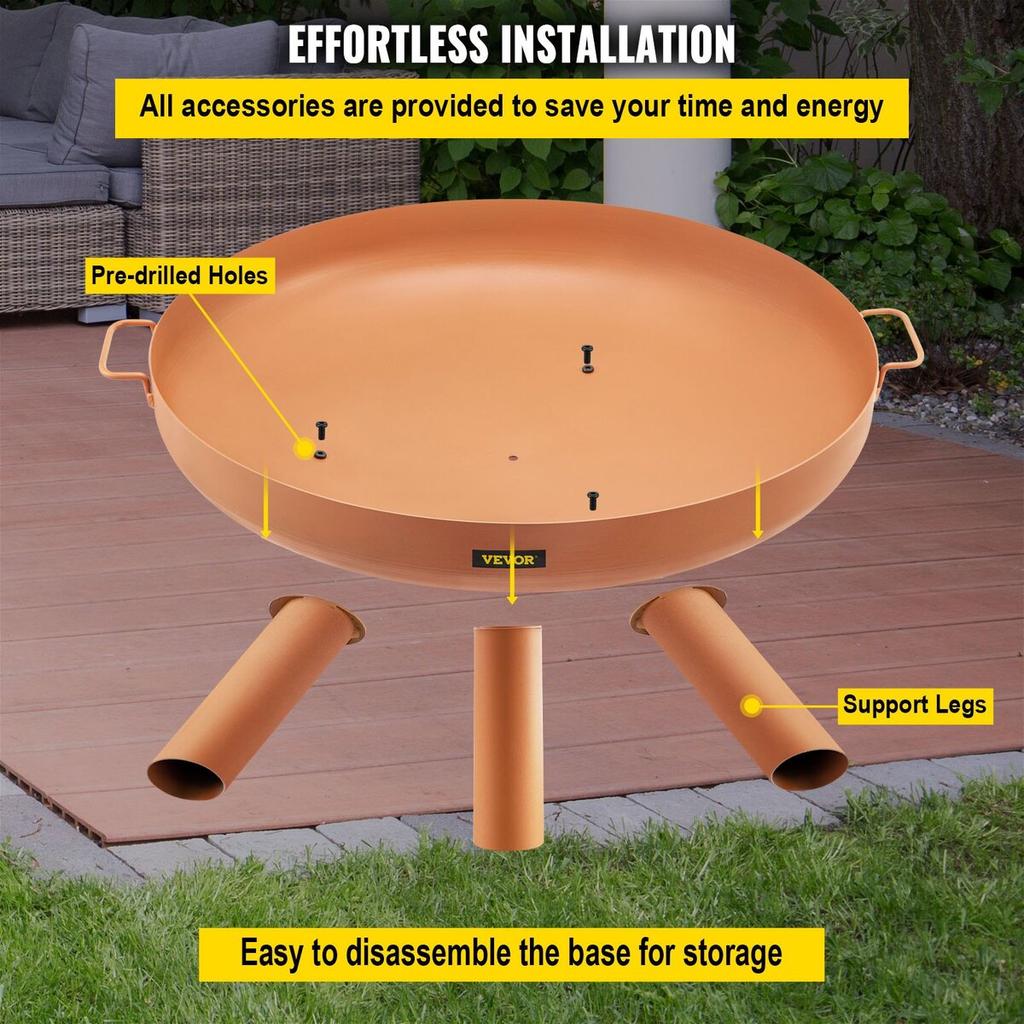 Fire Pit Bowl, 30-Inch Deep Round Carbon Steel Fire Bowl, Wood Burning for Outdoor Patios, Backyards & Camping Uses, with A Drain Hole, Portable