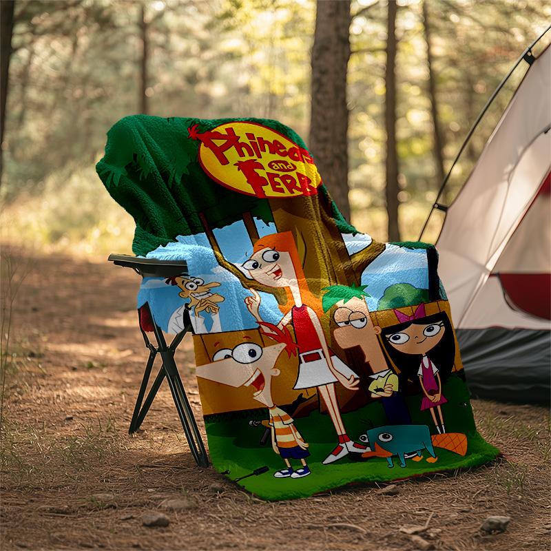 1pc Phineas and Ferb1 Theme Blanket - Digital Print, Polyester, Cozy for All Seasons, Perfect for Outdoor, and Travel