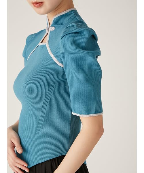 Lily Brown Chinese Detail Knit Top LWNT251172 Women's (Blue)