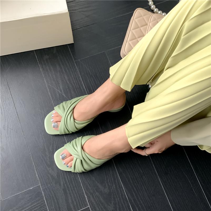 Meotina Frauen Echtes Leder Slides Mid Heel Sommer Karree Sandalen Dicke Ferse Plissee Dame Schuhe Grün Rosa Schaffell