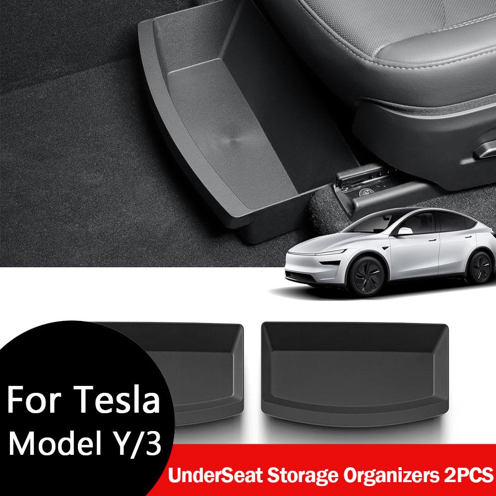 2PCS UnderSeat Storage Organizers For Tesla Model Y Juniper 2025 2026 1st Row Under Seat Storage Box Driver & Passenger Organize