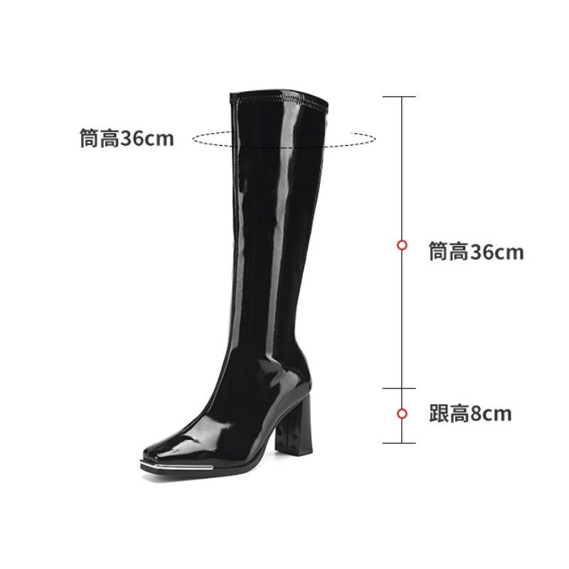 Fashion Red Patent Leather Knee High Boots 8cm High Heel Bar Stage Boots 35-42 Square Head Long Boots Autumn Winter Women Party Shoes