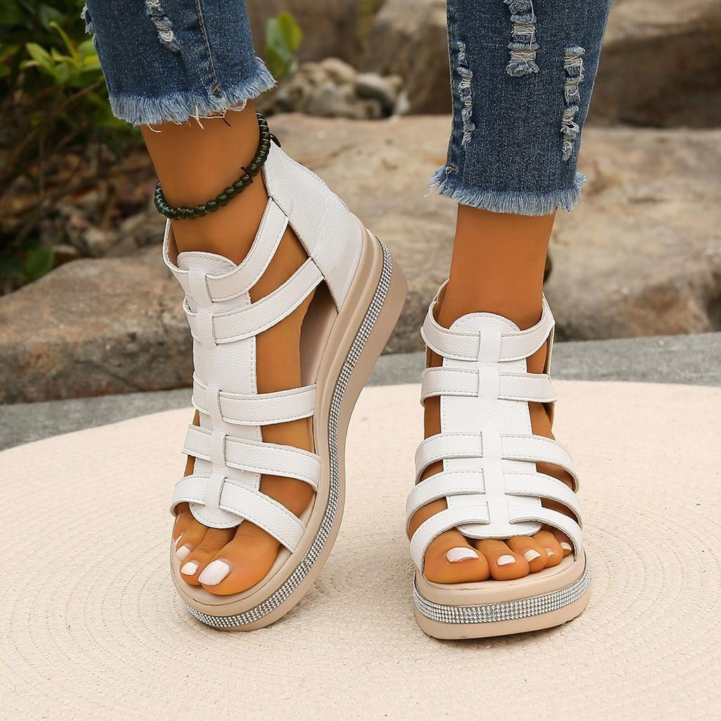 2025 Summer Women's Shoes Fashion Solid Color Multi Strap Combination Thick Bottom Zipper Water Diamond Design Cool Slippers