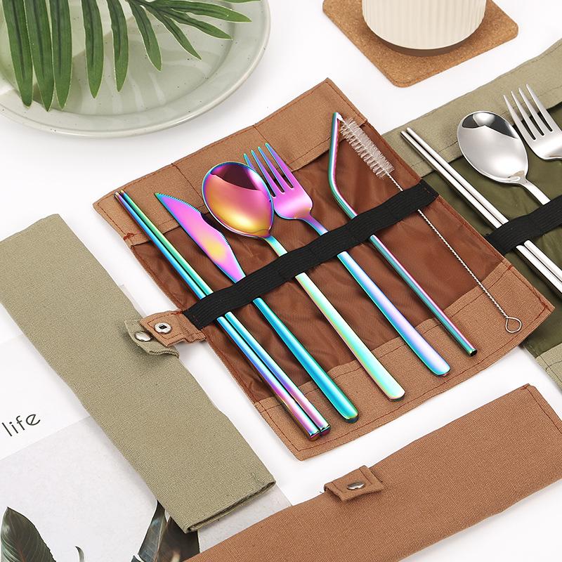 304 Stainless Steel Tableware Set, Outdoor Portable Tableware Bag, Knife, Fork, Spoon, Chopsticks, Straw Set, Dishes, Full Set