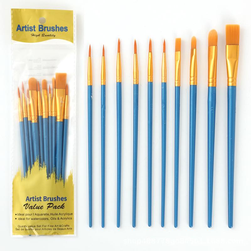 10Pcs/Set Multi-Functional Watercolor Brush Pearlescent Plastic Rod Nylon Hair Hook Line Gouache Oil Brush School Art Supplies