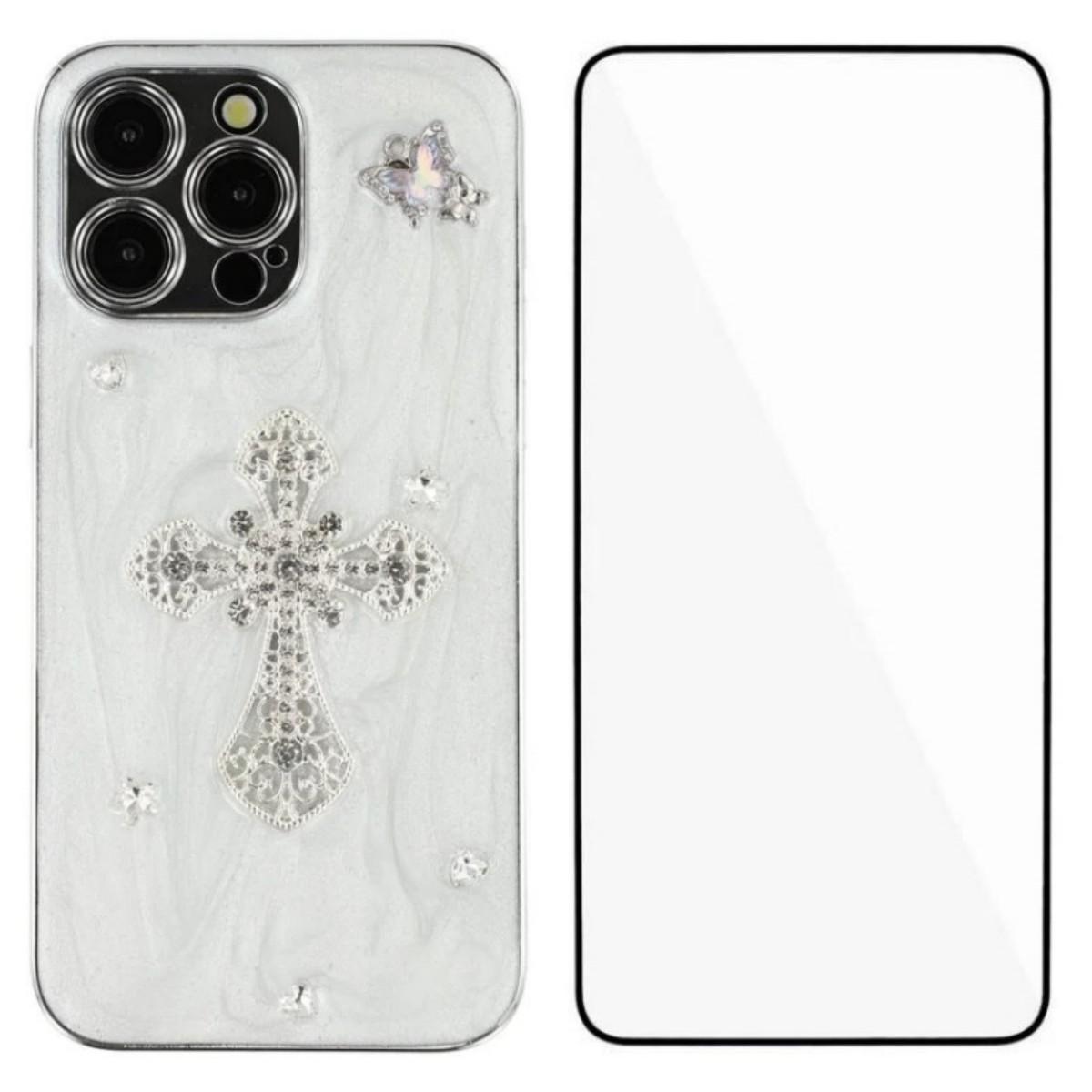 

For iPhone 14 Pro Case WANLONFENG Electroplated Epoxy TPU+Acrylic Phone Cover with Tempered Glass Cross