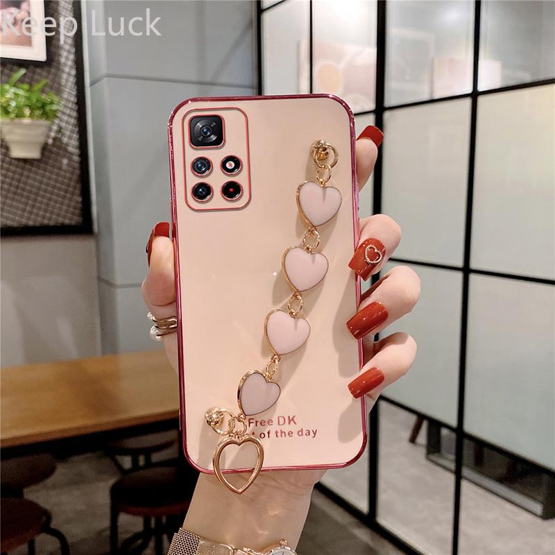 

Роскошный чехол для телефона с браслетом в форме красного сердца для Xiaomi Redmi Note 11 11S 10 10S 10A 10C 9 9A 9T 9C 8 8T, чехол с цепочкой на запястье Redmi Note11 розовый