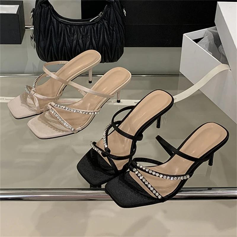 Eilyken New Summer Crystal Diamond Narrow Band Square Toe Women Slippers Thin Heels Stripper Party Slide Shoes