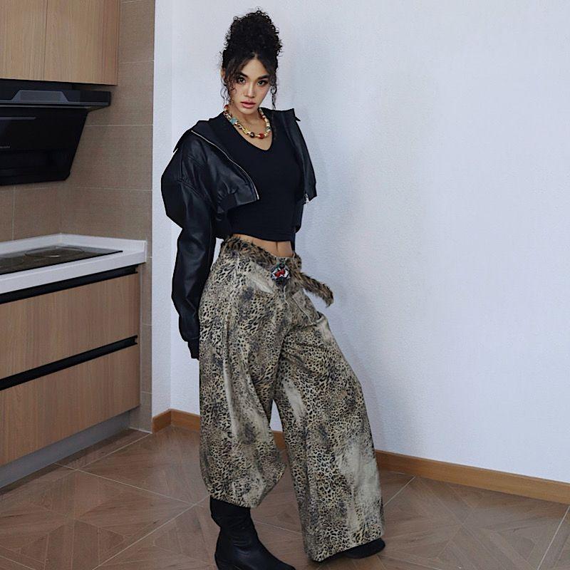 

[Leopard Patterned Pants] Overalls American vintage Gyaru Leopard Print Print Overalls Women Loose Casual Straight Trousers Leopard print pants Long XL