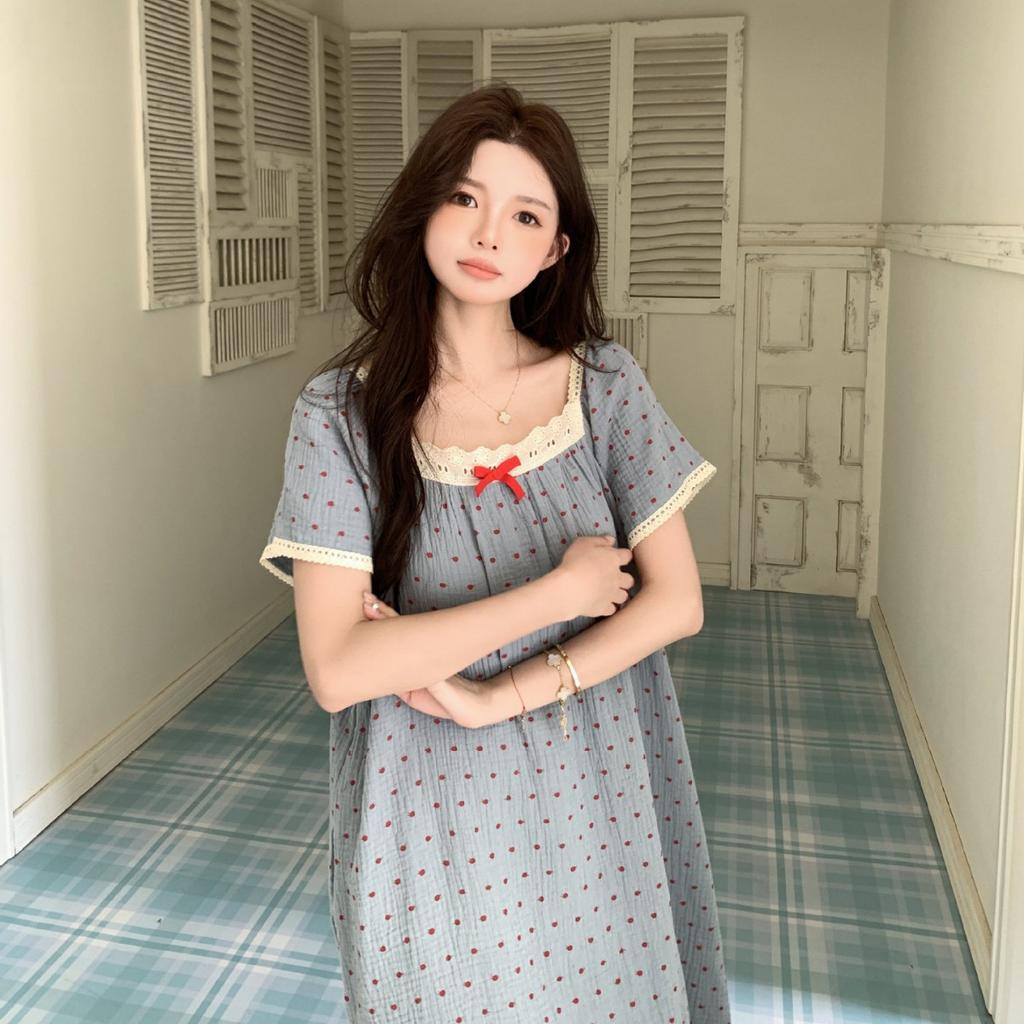 [Gentle Minor] Cotton Nightdress Summer Korean ins Small Fresh Age Reduction Polka Dot Lace Mori Silkworm Weiss