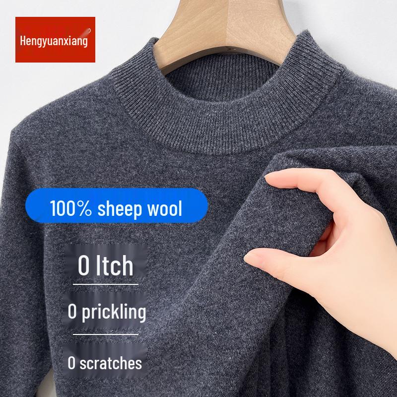 Hengyuanxiang Men's 100% Pure Wool Pullover, Round Neck, Thickened Winter Sweater for Middle-Aged Dads.