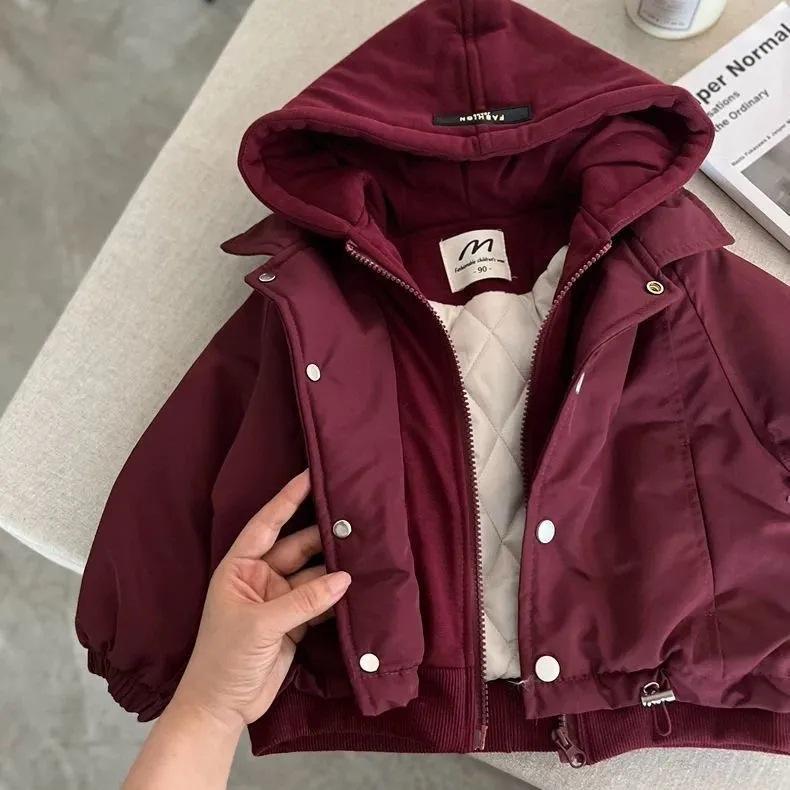 Kids Winter Thickened Hooded Cotton Coat Boys Girls Solid Windproof Warm Jacket 90