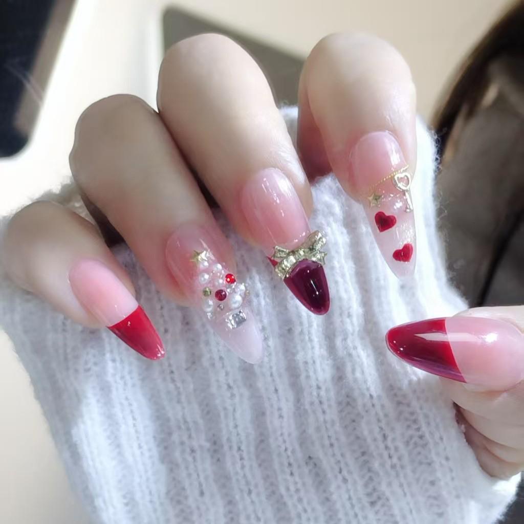 2025 Christmas Handmade Red Cat Eye Nails with French Heart & Butterfly Design Large