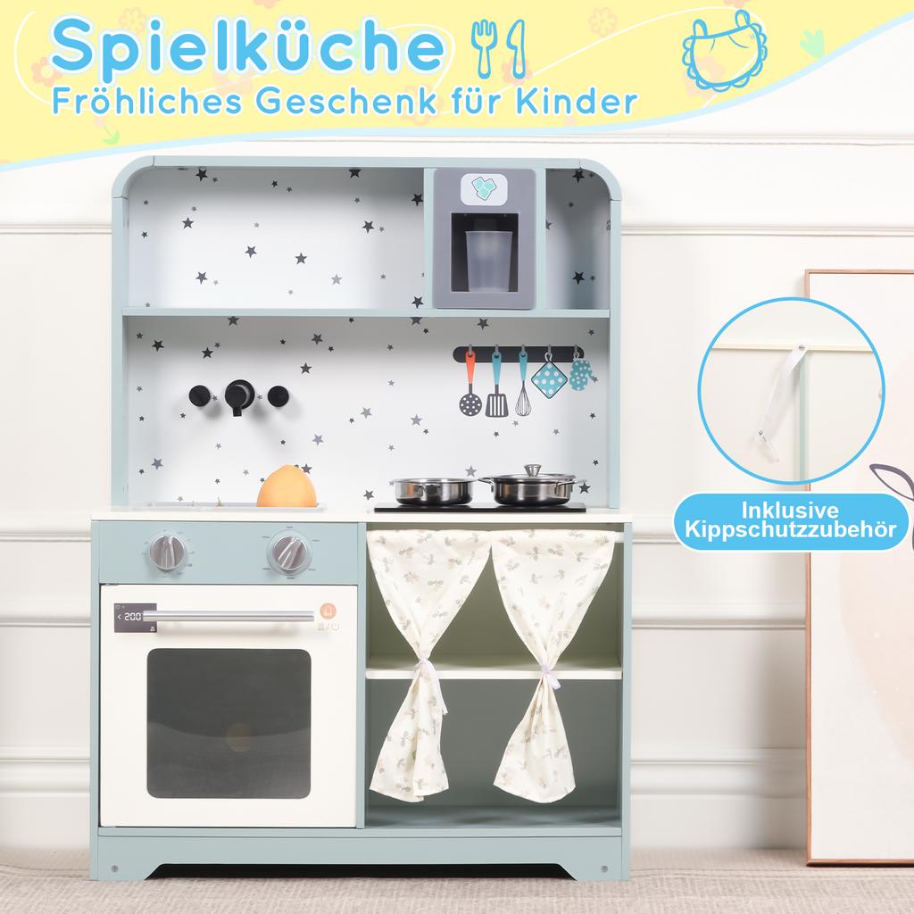 Children's Kitchen with Ice Maker and Microwave, Accessories and Surprise Effects, Gift for Children Aged 3 and Up, Wood + Plastic, Blue, 29x60x81cm