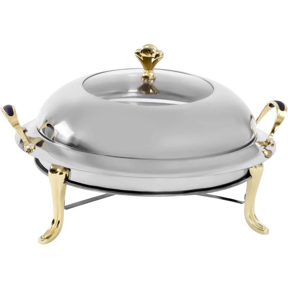 3L Round Buffet Chafing Dish, Stainless Steel/Glass Lid, Gold Handle, Gel Fuel Heater