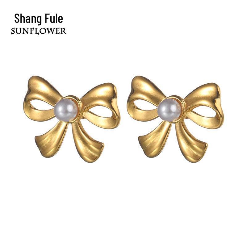 

European & American Style Stainless Steel Bow Pearl Earrings for Women
