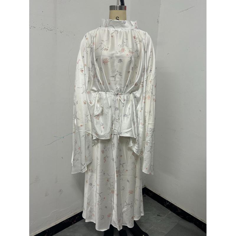 2025 Fall Women’s European Style Batwing Sleeve Tie-Up Top & Floral Print Skirt Set