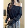 Gray Pure Cotton Off-Shoulder Long-Sleeve Women's T-Shirt - Loose Fit, Spring/Autumn Stylish and Sexy Top