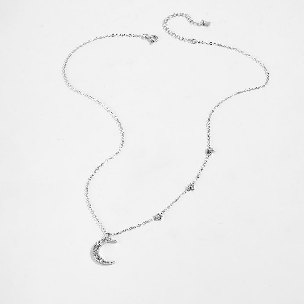 Sterling Silver Moon Star Zircon Necklace Pendant Long Chain  Luxury Classical Fine Jewelry Women Gift