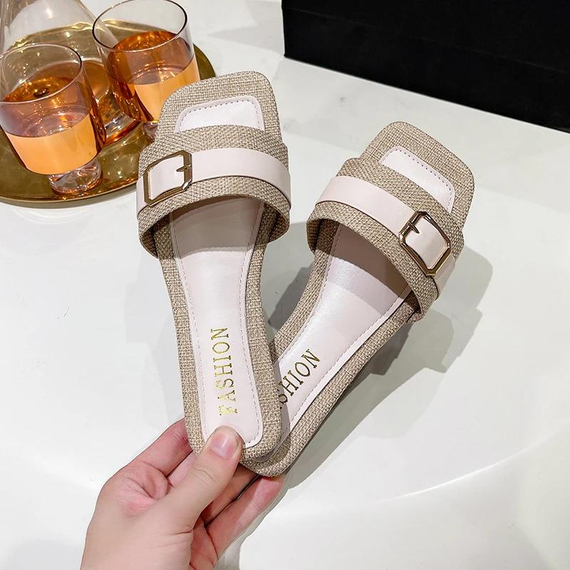 Fashion Women's Slippers Summer Casual Fashion Flat Slippers Home Outdoor Square Toe Comfortable Slippers Zapatillas Mujer Flip Flops