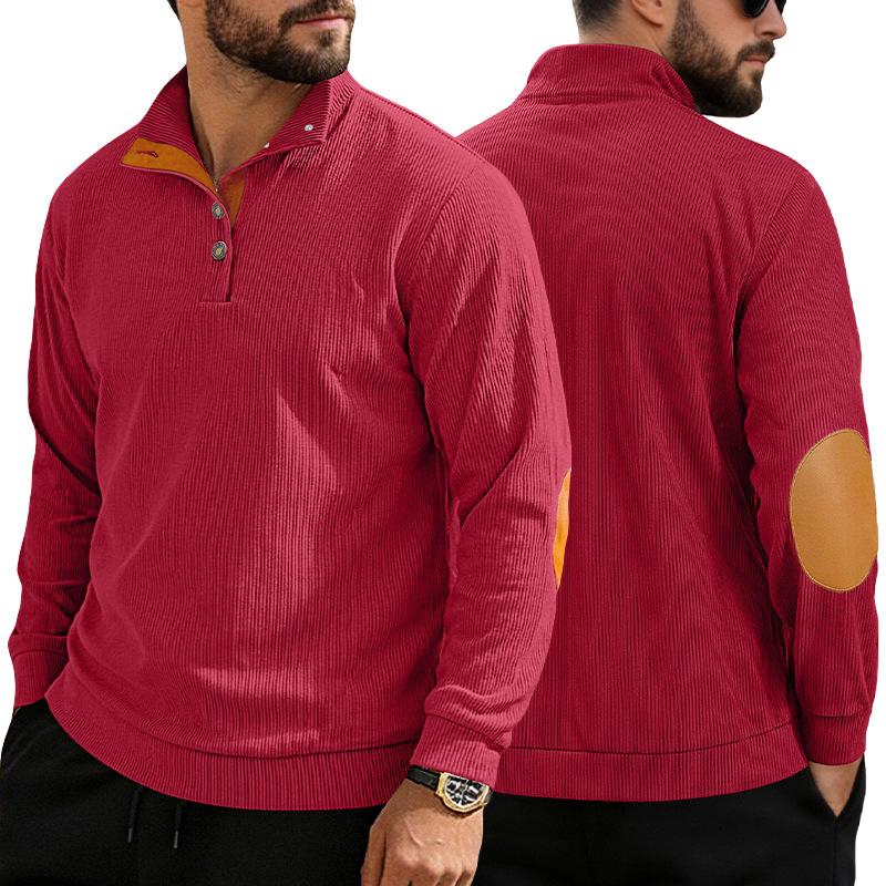 Spring and Autumn Solid Color Sports Long-sleeved Corduroy Tops for Men, Fashionable and Casual Stand-up Collar Outdoor Men's Pullover