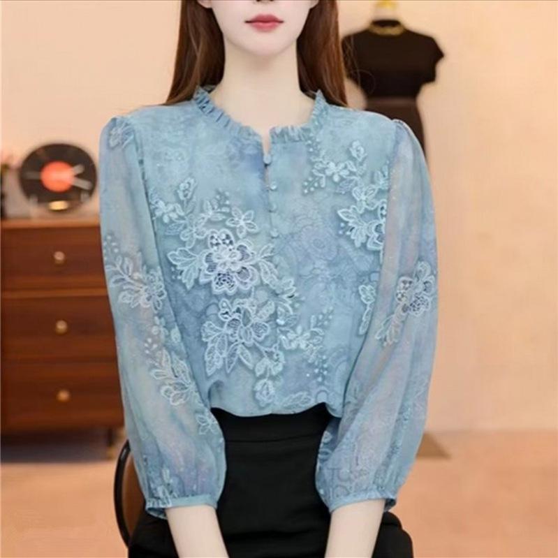 

Chiffon Seven-Sleeve Summer 2026 Top for Middle-Aged & Elderly Women - Breathable, Fashionable Mother s Wear XL for 115-130 lbs синій
